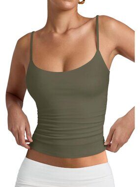 Womens Army Green Polyester Blend Sleeveless Scoop Neck Pull On Classic Tank Top